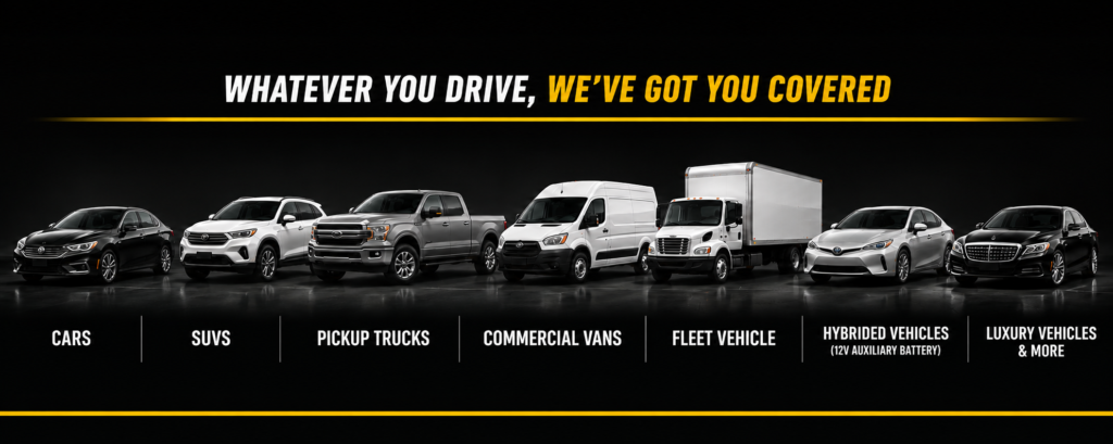 Image shows that Joe rescue ride services, cars, Suvs, pickup trucks, commercial vans, fleet vehicles, hybrid vehicles, especially those with 12 volts, auxiliary batteries, luxury vehicles and more.